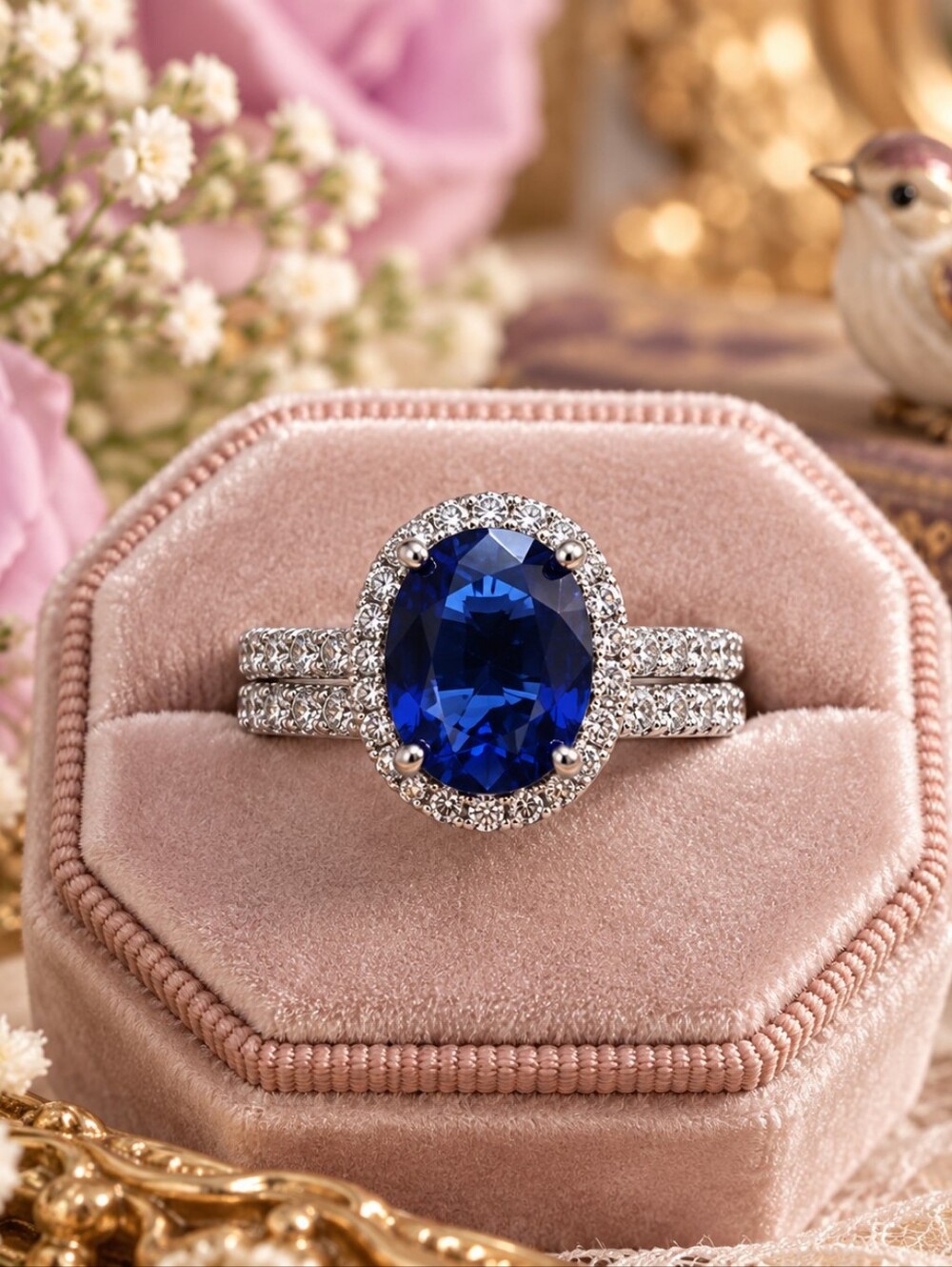 Charmed Aroma Blue Sapphire Silver Ring Set Size 8